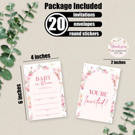 Yijiaqin Baby In Bloom！Invitations For Baby Shower - 20 Fill In Pink Floral And Arch Invites With Envelopes And Stickers For Girl Boy, Gender Reveal Games, Party Favors And Supplies - A05