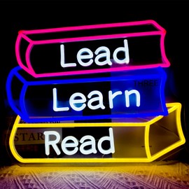 RSEthan LED Neon Sign Lead Learn Read Colorful Book Shaped Neon Light 16.5"x13.4" USB Powered Dimmable Classroom Library Reading Corner Decoration Back to School Gift