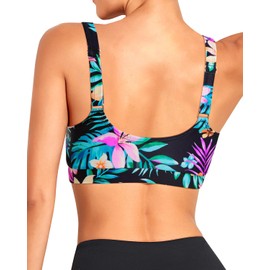 Tempt Me Women Black Colorful Floral Sports Bra Bikini Tops Scoop Neck Bathing Suits Top Padded Swim Crop Tops Only XL