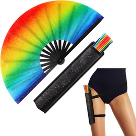 Ripeng 13" Glitter Large Rave Folding Hand Fan Clack Rave Fan for Women with Leg Strap and Fabric Case Bag for Dance, Edm(Rainbow Color)