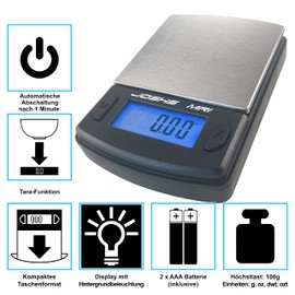 JOSHS Digitalwaage Feinwaage Briefwaage die in 0,01 g Schritten präzise bis 100g wiegt - Taschenwaage, Laborwaage, Goldwaage, Tischwaage - Wiegefläche aus hochwertigem Edelstahl