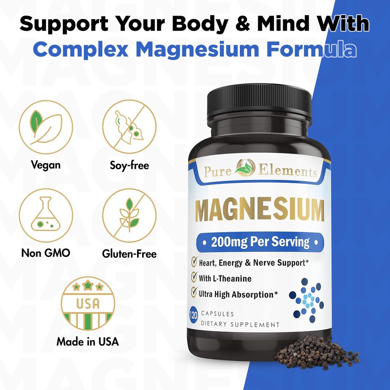 Pure Organic Elements Magnesium Glycinate with L-Theanine,Potassium and Black peper