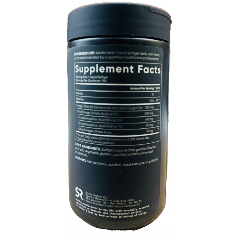 Sports Research Omega-3 Fish Oil Triple Strength, 150 Softgels, Exp:03/27