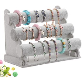 Wudygirl Triple Bracelet Holder Velvet Jewelry Display Stand Watch Bangle Bar Necklace Storage Organizer Gray (Ice Velvet 3 Tier)