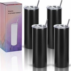 Wzaytia 4 Pack 20 Oz Straight Skinny Tumblers,Individually Gift Boxed Stainless Steel Slim Skinny Tumbler Set Bulk, 20 Oz Insulated Slim Thin Travel Tumbler Cup for Diy, Black