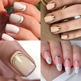 French Tip Nail Stickers for Nail Art, 6 Sheets Gold Sliver Stripe Wave Lines Nail Art Decals 3D Self-Adhesive French Nail Art Supplies Nail Design Decals for Women Manicure DIY Nail Decoration