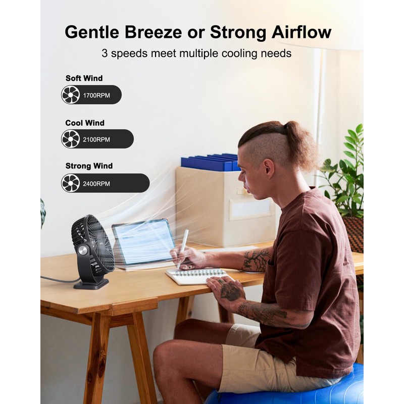 TriPole Small Desk Fan USB Powered Portable Fan 3 Speeds