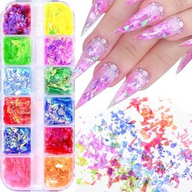 12 Colors Holographic Iridescent Nail Art Glitter Sequins 3D Glitter Mermaid Flakes Ice Slag Nail Glitter Colorful Fluorescent Glass Paper Nail Sticker Confetti Nail Glitter Flakes for DIY Nail Decor