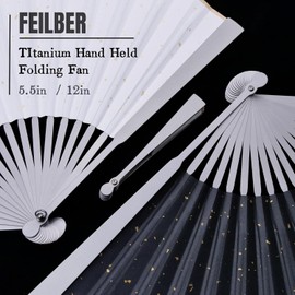 FEILBER 5.5" Titanium Folding Fan Kung Fu Fan Hand Held Folding Fan Portable Tai Chi Chinese Japanese Fan EDC for Men and Women (White)