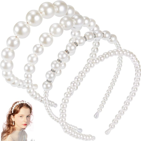 Pack of 4 Pearl Headbands White Faux Pearls Rhinestone Hair Bands Bridal Hair Accessories for Women Girls Wedding Birthday Party Valentine's Day Gifts