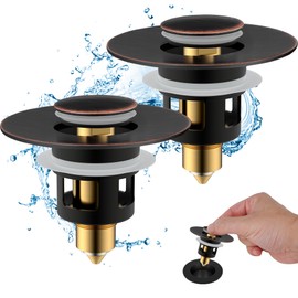 Hibbent 2 Pack All Metal Universal Bathroom Sink Stopper for 1.1''~2.3'' Basin, Pop Up Sink Drain Strainer, Brass Core Push Type Stopper, Stainless Steel Anti Clogging Drain Filter, Oil-Rubbed Bronze