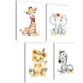 mojoliving Pictures Children's Room Boys Baby Room Poster Set Nursery Girls Baby Room Set Giraffe, Elephant, Lion, Zebra