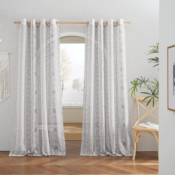 NICETOWN Flax Semi Sheer Linen Curtains 84 inches Long, Grommet Bohemian Style Bedroom Window Treatment Natural Linen Boho Privacy with Light Through for Living Room, 50" W, 2 Panels, Grey