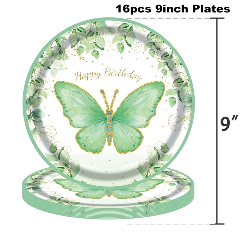 68 Pcs Green Butterfly Flower Birthday Party Supplies, Disposable Tableware