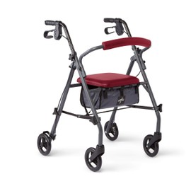 Medline Rollator Walker with Seat and Wheels, Durable Steel Frame Supports up to 300 lbs, 6 inch Wheels, Red