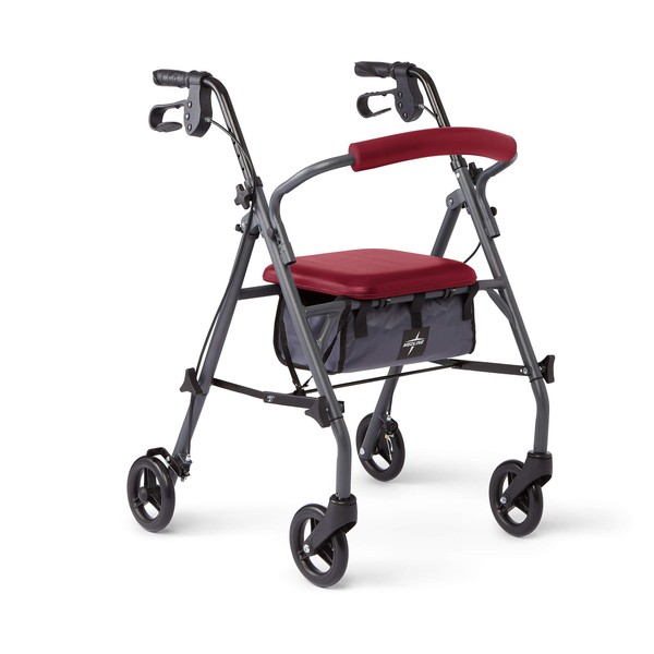 Medline Rollator Walker with Seat and Wheels, Durable Steel Frame Supports up to 300 lbs, 6 inch Wheels, Red