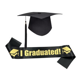 Komonee University Graduation Cap Black Mortar Board Hat Graduated Sash Pictures Party Fancy Dress Up Costume