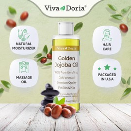 Viva Doria Golden Jojoba Oil - 8 fl oz for Hair, Skin, Nails, and More - 100% Pure Unrefined, Deeply Moisturizing Anti-Aging Oil for Men and Women