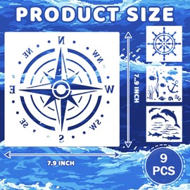 9 PCS Compass Anchor Stencils Plastic Nautical Theme Painting Templates, Sailboat Beacon Stencils for DIY Crafts Scrapbooking Wood Floor Wall Decor 7.9 x 7.9 Inch