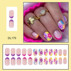 24Pcs Short Almond Press on Nails Flower Fake Nails French Tip Glue on Nails Spring Floral Acrylic False Nails Full Cover Stick on Nails Cute Artificial Nails for Women Manicure Decorations