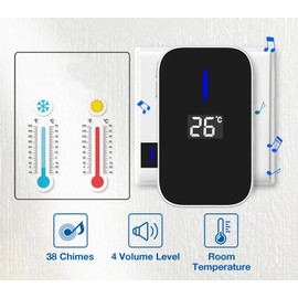 Wireless Doorbell, HommyFine Self-Powered Doorbell Wireless Doorbell Ringer for Homes Classroom Plug-in Doorbell with Thermometer,Cordless Door Chime kit with 38 Chimes for (Black 0101)