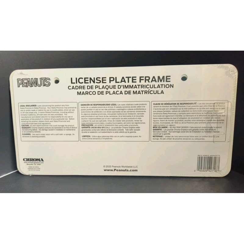 Peanuts SNOOPY Plastic Black and White License Plate Frame NEW!