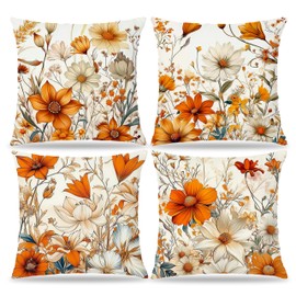 Pleonox Rustic Orange Floral Pillow Covers 18x18 Set of 4, Cottagecore Home Room Decor, Retro Cottagecore Wildflower Botanical Decorative Throw Pillow Covers