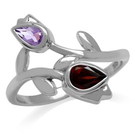 Silvershake Genuine Gemstones 925 Sterling Silver Tulip Flower Wedding Party Right Hand Ring Jewelry for Women, 9, Sterling Silver Rhodium (White Gold Plated), Red Garnet and Purple Amethyst Amethyst