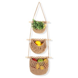 3 Tier Hanging Fruit Basket, Wall Hanging Vegetable Fruit Baskets Cotton Woven Storage Baskets for Organizing, BOHO Wall Basket Decor, Over the Door Organizer for Kitchen, Bedroom, Bathroom