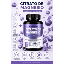 Suplemento de Citrato De Magnesio Puro Con 120 Cápsulas, Well Rounded 1500mg Por Porción, Soporte Electrolitos Mineral, Sin sabor