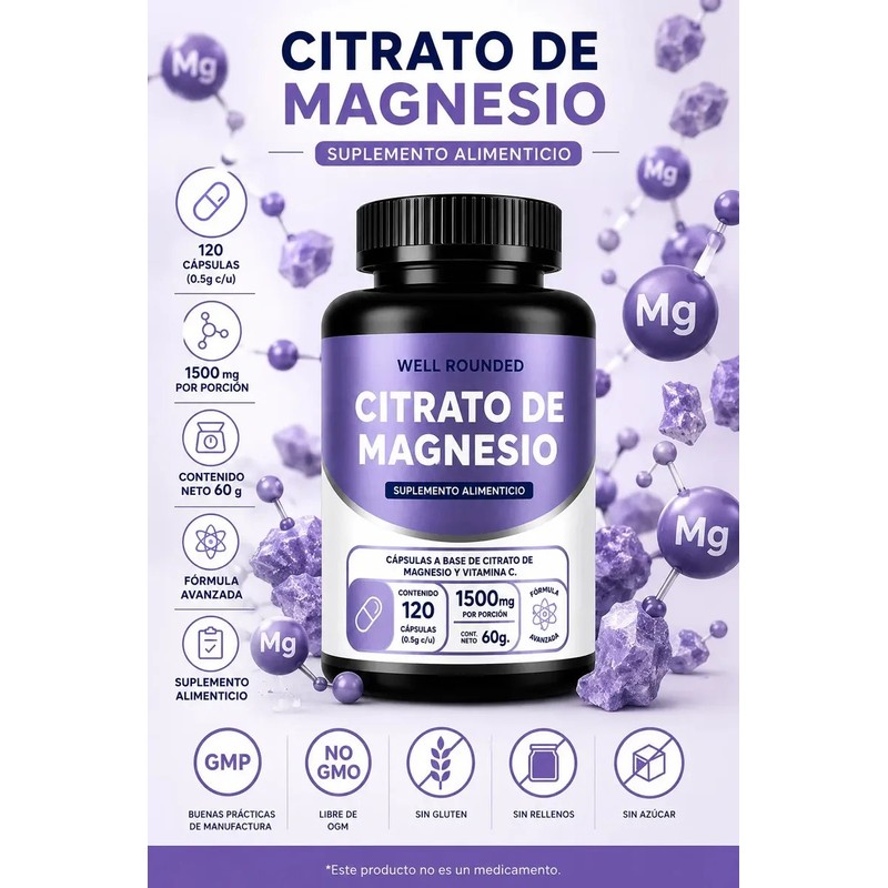 Suplemento de Citrato De Magnesio Puro Con 120 Cápsulas, Well
