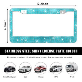 Ohleats Car License Plate Frame, Sparkling Stainless Steel License Plate Frame, Bling Diamond License Plate Holder Cover for Women Men, Universal Exterior Car Accessories (Lake Blue)