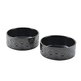 SPUNKYJUNKY Ceramic Dog Bowls 2 Pack, 7.3'' Dog Food Water Double Feeding Bowls Non-Slip for Medium to Large Sized Breed Microwave Dishwasher Safe - 42 OZ, 2pcs, Paw Black