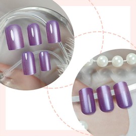 Purple Press on Nails Glitter Fake Nails Short Square Stick on Nails Cute Purple Gradient Acrylic Nail Glossy False Nails Pure Color Glue on Nails Artificial Nails for Women Girls 24Pcs