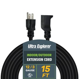 Ultra Explorer Black Outdoor Extension Cord 15 Ft, 12/3 SJTW Heavy Duty Black Extension Cable with 3 Prong Grounded Plug - Power Cord for Lawn, Garden, Appliances