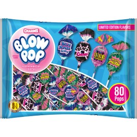 Charms Blow Pop Lollipops Limited Edition Assortment - Blue Razzbery, Black Cherry, What A Melon and Extreme Lemonade - Dual Candy and Gum Suckers - Bulk Treat for Kids and Adults, 80 Count