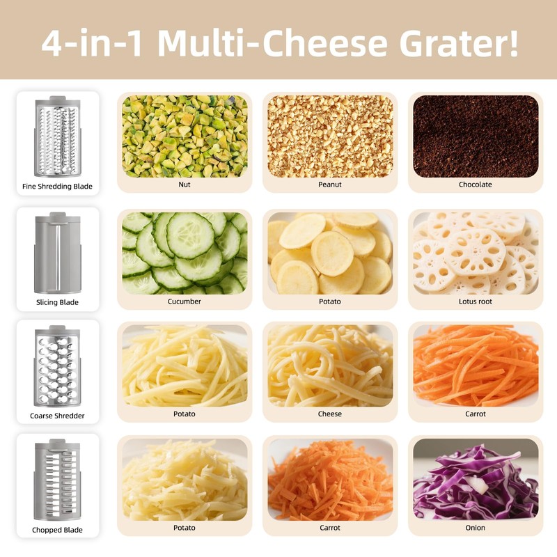 Electric Cheese Grater, Rotary Vegetable Slicer with 4 Interchangeable Drum