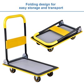 HOMGX Platform Cart, Folding Platform Hand Truck with Two 360-Degree Swivel Wheels and Two Directional Wheels, Moving Flatbed Dolly Cart, 330lbs Capacity Push Cart, Yellow