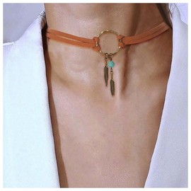 Cimenexe Bohemian Brown Suede Circle Leather Choker Necklace Turquoise Beads Necklace Choker Necklace Small Feather Dangle Necklace Jewelry for Women Girls