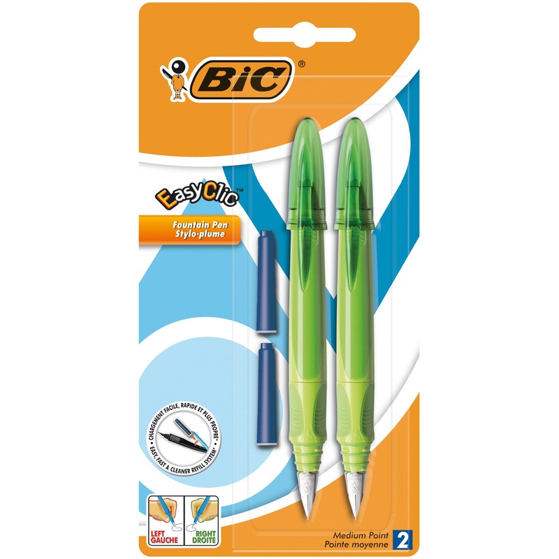 BIC EasyClic Assorted Colour Fountain Pens (Pack of 2), Blue,Green,Red,Pink