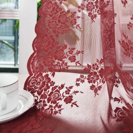 Kotile Burgundy Sheer Curtains 54 Inch Length 2 Panels Set Country Rustic Floral Cottagecore Maroon Lace Curtains for Windows, Rod Pocket Privacy Light Filtering Sheer Window Curtains, 52 x 54 Inch