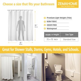 ZEMAHOME White Plastic Shower Curtain Liner, 72x72 Inch Thin Lightweight Plastic Bathroom Shower Showroom Inner Curtain with Rustproof Metal Grommet Holes and Weighted Magnets