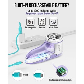 Ruidla Fabric Shaver Lint Shaver Defuzzer, Electric Lint Remover, Rechargeable Sweater Shaver with Replaceable Stainless Steel 3-Leaf Blades, Dual Protection, Removable Bin, (Micro-b Charging)