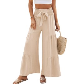 Blooming Jelly Women Casual Pants Wide Leg Trousers High Waisted Pant Trendy Vacation Outift 2025(L,Apricot)