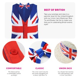 Adults Union Jack Costume - XLarge - Union Jack Waistcoat + Union Jack Bowtie and Straw Boater Hat with Union Jack Band - King's Coronation Fancy Dress Costume