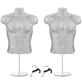 Geetery 2 Pack Male Mannequin Torso with Stand Hollow Back Dress Form Mannequin Body White Retail Mannequins Body Tshirt Display with Metal Pole and Hanging Hook for Counter Craft Shows, S M Size