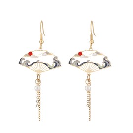 Just Follow Chinese Style Hollow Geometric Fan Tassel Earrings Oriental Artistic Ethnic Drop Dangle Earrings (Gold)