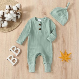 Twopumpkin Newborn Baby Boy Knit jumpsuit Ribbbed Romper Newborn Coming Home Outfit Infant Fall Winter Clothes with Hat (Cute Ribbed Mint Green, Newborn)