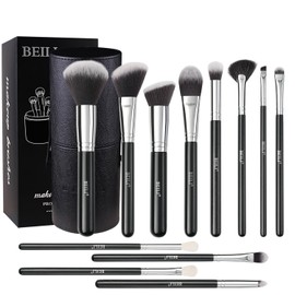 BEILI Brochas de maquillaje, 12 piezas, base de polvo sintético de alta • calidad, correctores de contorno de rubor, brochas de labios con soporte para brochas, paquete para regalo (negro)