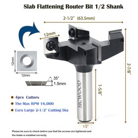 CNC Spoilboard Surfacing Router Bit 1/2 Shank, Exra Large 2-1/2" Cutting Dia 4-Wing, Insert Slab Flattening Router Bit, Wood Planer Planing Bit for Flycutter/ Slab Leveler/ Rabbeting by SICWOOD